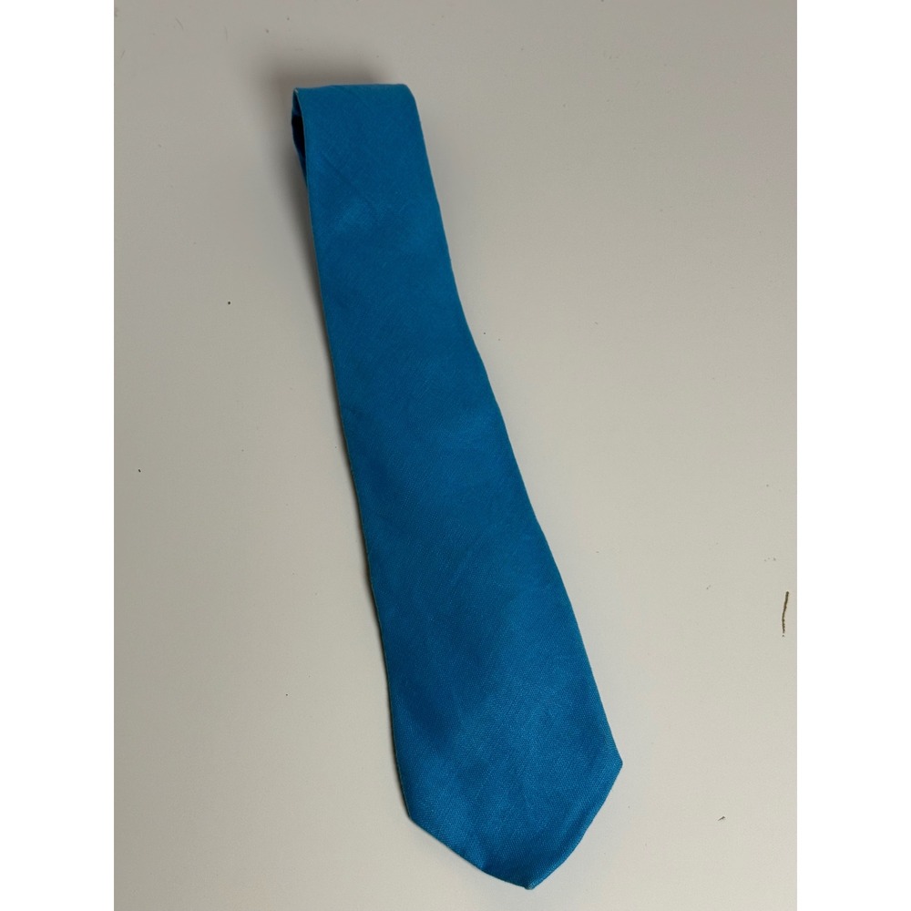 J.McLaughlin Mens Necktie Blue Turquoise Linen Blend Woven Solid Classic Width